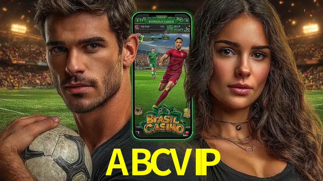 Homem segurando uma bola de futebol e uma mulher ao lado de um smartphone exibindo o jogo de apostas esportivas da ABCVIP. Faça seu palpite no cassino online.